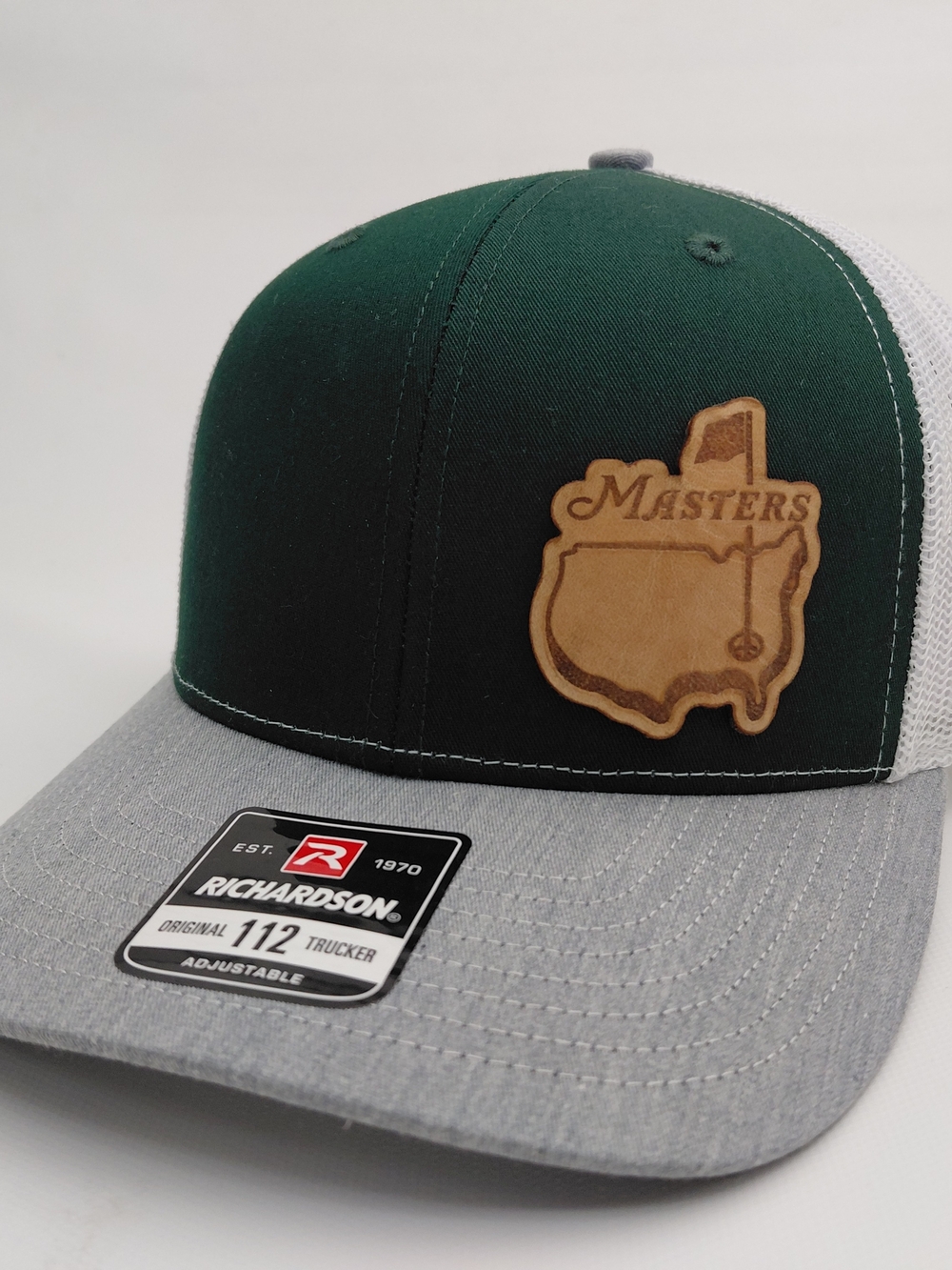 Richardson Trucker Hat with Masters Leather Patch - Dark Green & Gray